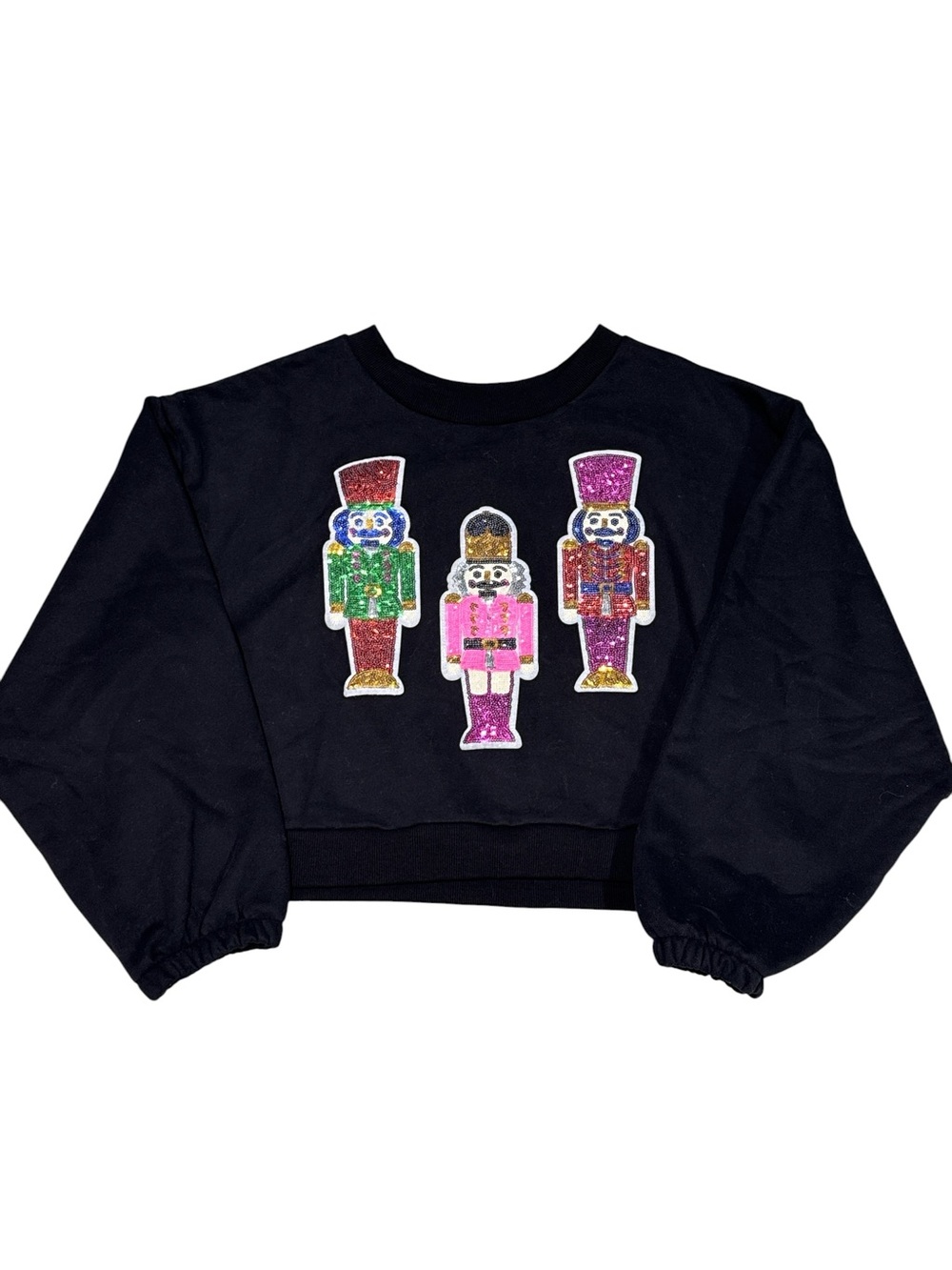 Black Crewneck Sweater with Colorful Nutcracker Sequin Appliqué - Women